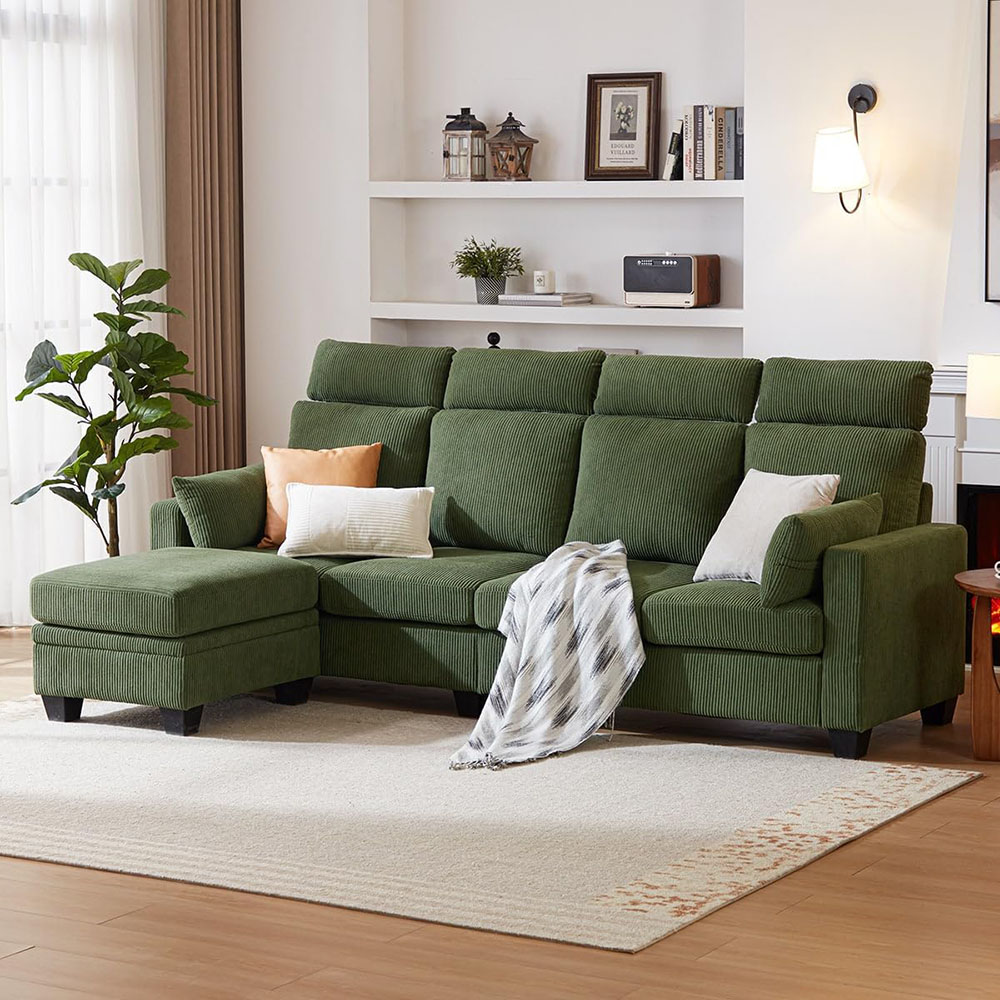 CHIC HOUSE Corduroy Sectional Couch with Ottoman Chaise, L Shaped 4-seat Sofa