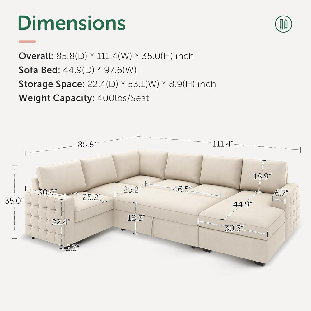 HONBAY Sleeper Sectional Sofa with Storage Chaise U Shaped Sectional Couch