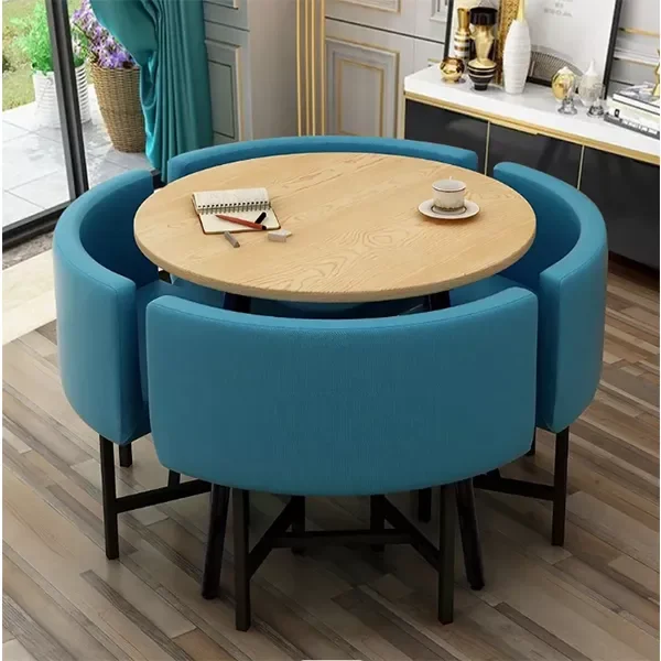 【Furniture】【BS】Small Round Wooden Dining Table Set with 4 Upholstered Chairs for Corner Balcony