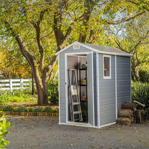 KETER Manor 4x6 Resin Outdoor Storage Shed Kit-Perfect to Store Patio Furniture, Garden Tools Bike Accessories, Beach Chairs and Lawn Mower, Grey & White