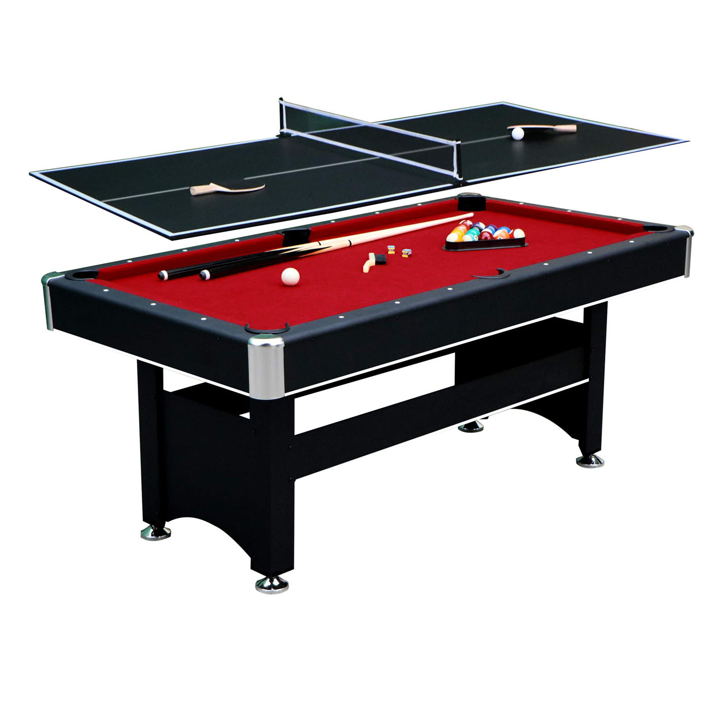 Hathaway Spartan 6-Ft Pool & Table Tennis Multigame Table for Family Recreation Game Rooms with Red Felt Playing Surface, All Accessories Included - Black Finish, 72