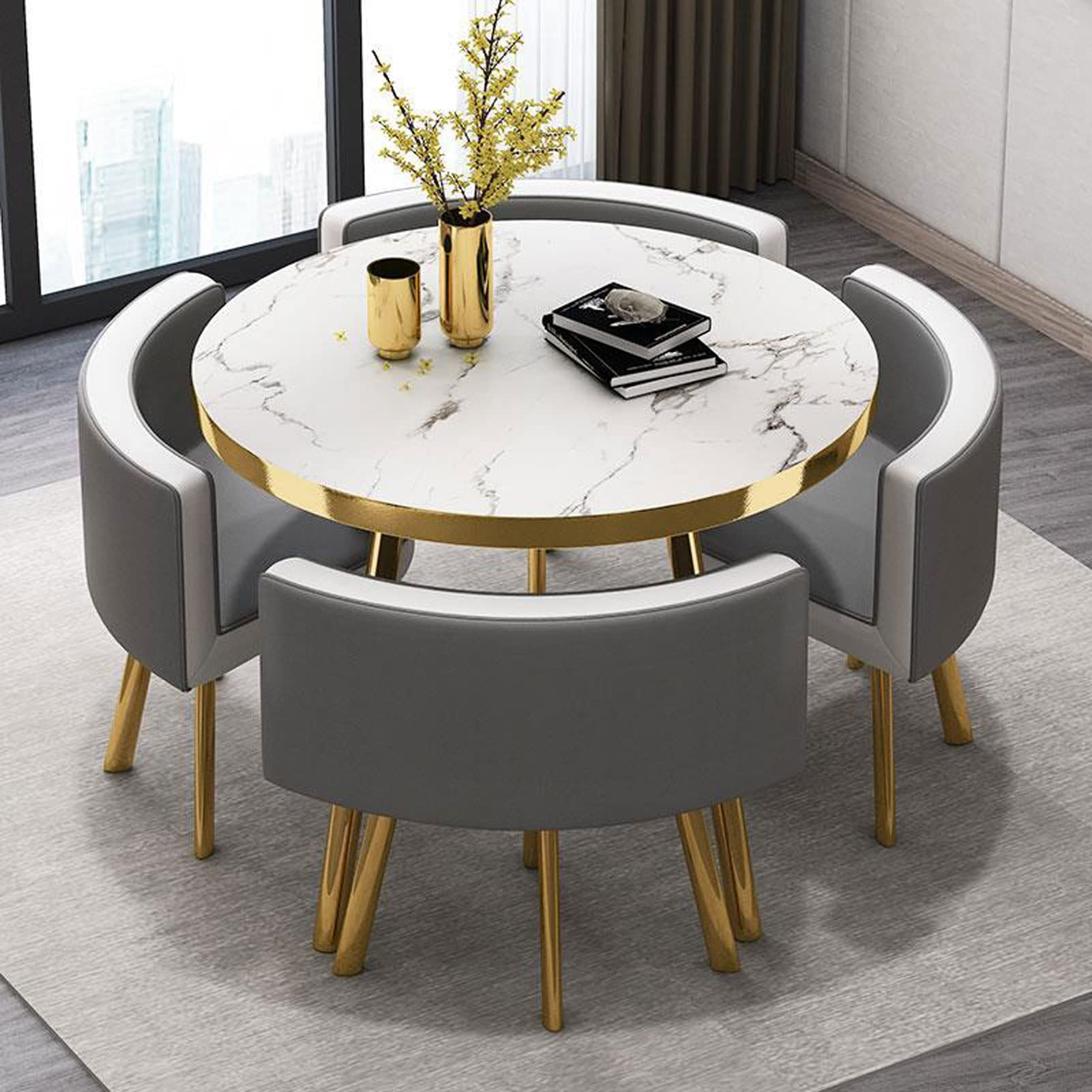 【Furniture】【BS】Small Round Wooden Dining Table Set with 4 Upholstered Chairs for Corner Balcony