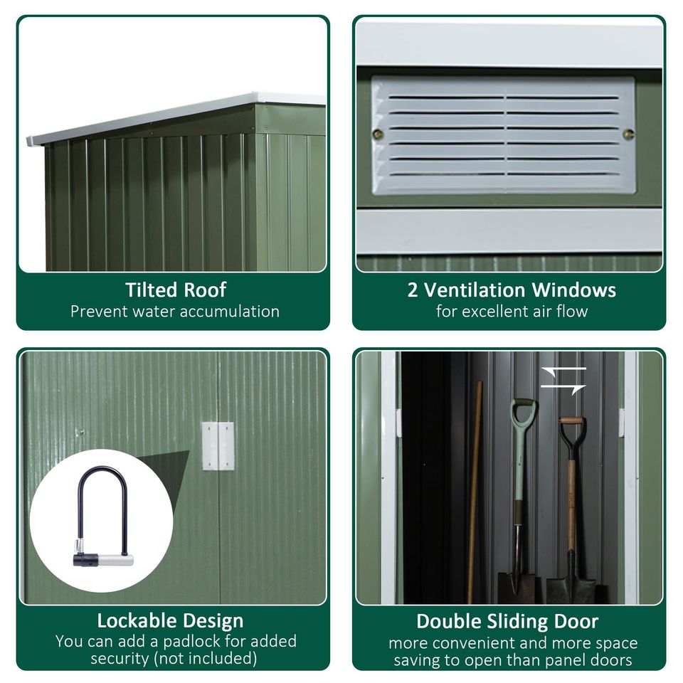 【Storage Shed】9' x 4' Corrugated metal storage shed outside equipment kit, light green