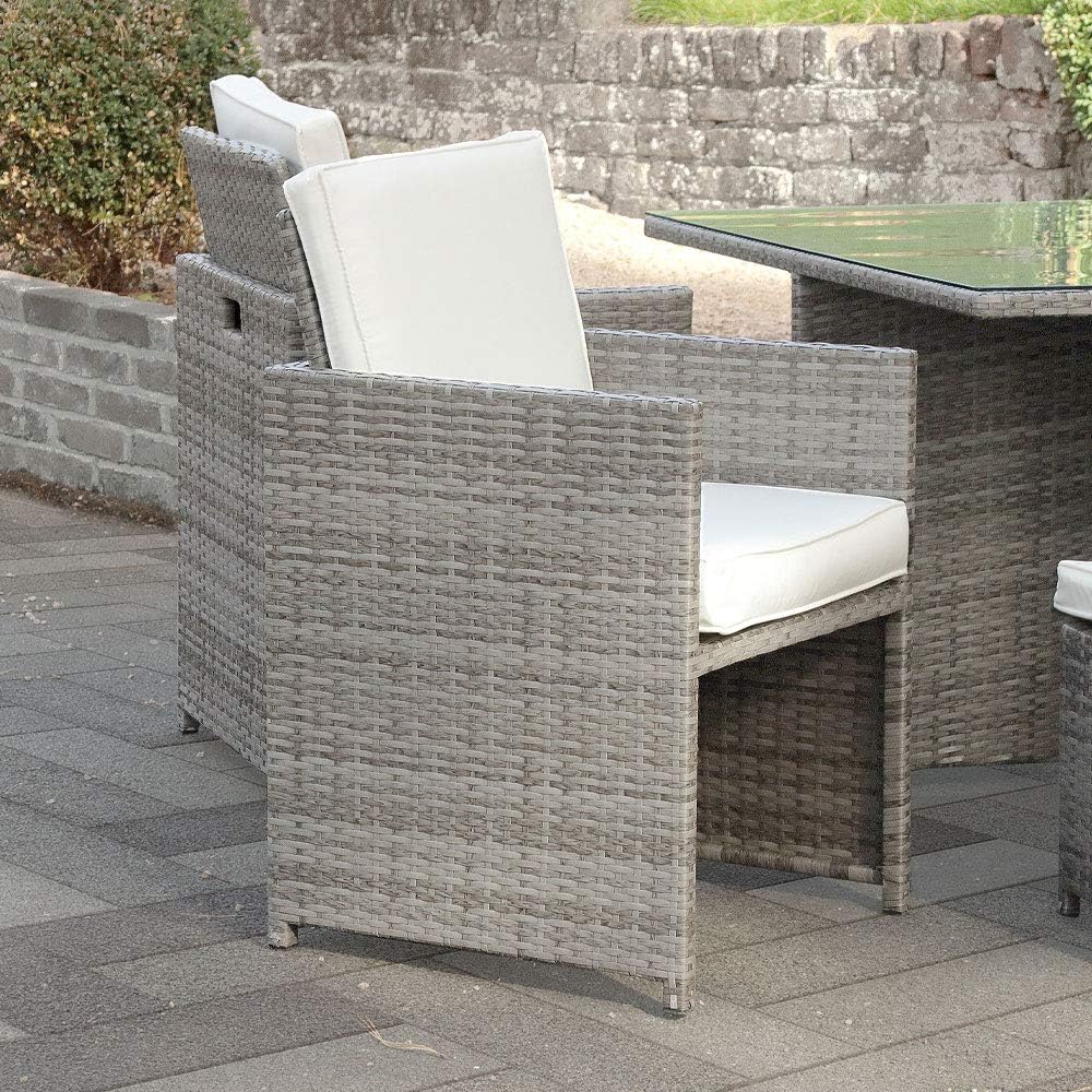 Harts Premium Rattan Dining Set, Cube 8 Seats Garden Patio Conservatory Furniture inc Rain Cover & Parasol (Grey Rattan)