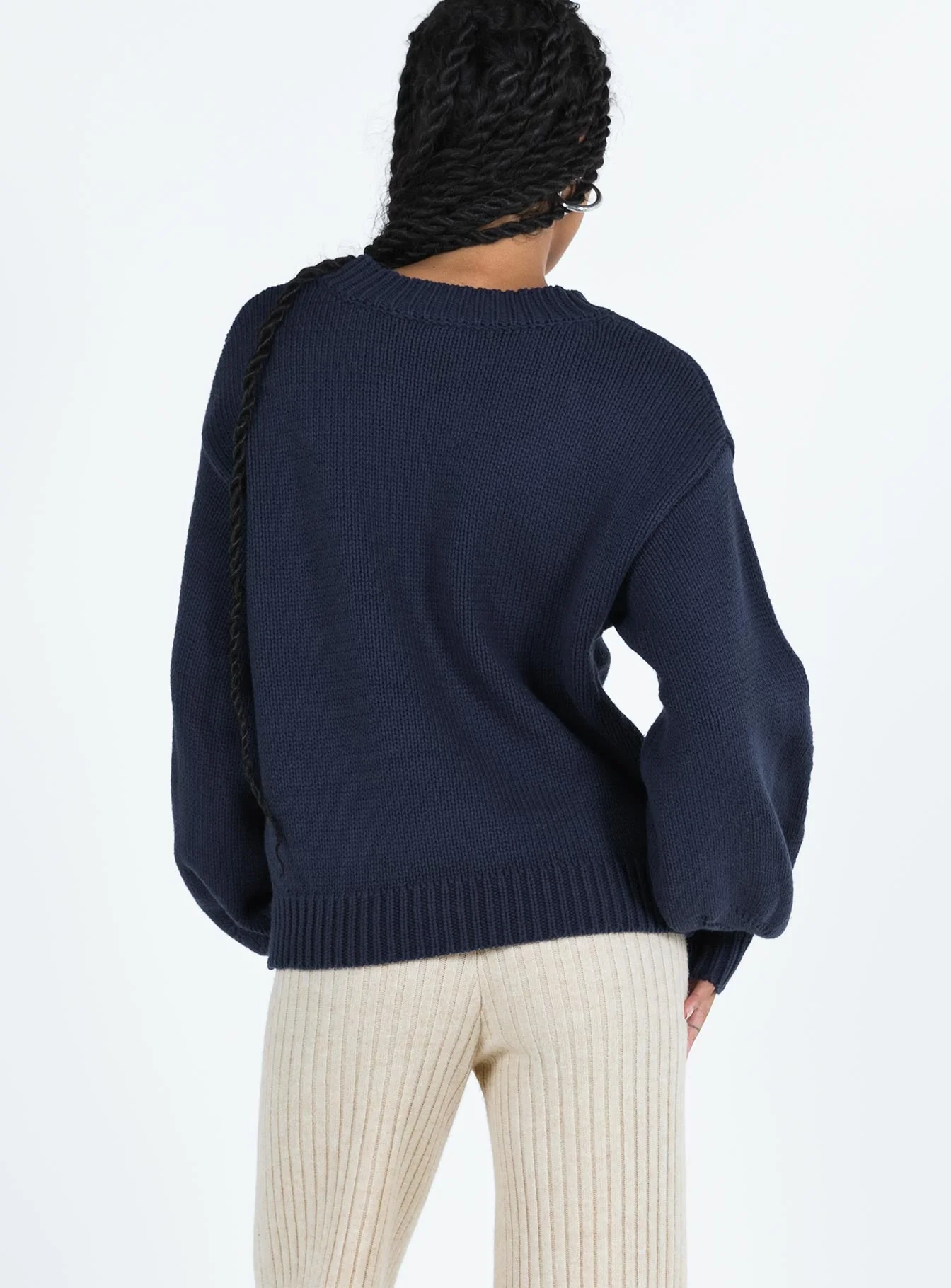 Harmony Balloon Sleeve Knit Sweater Navy